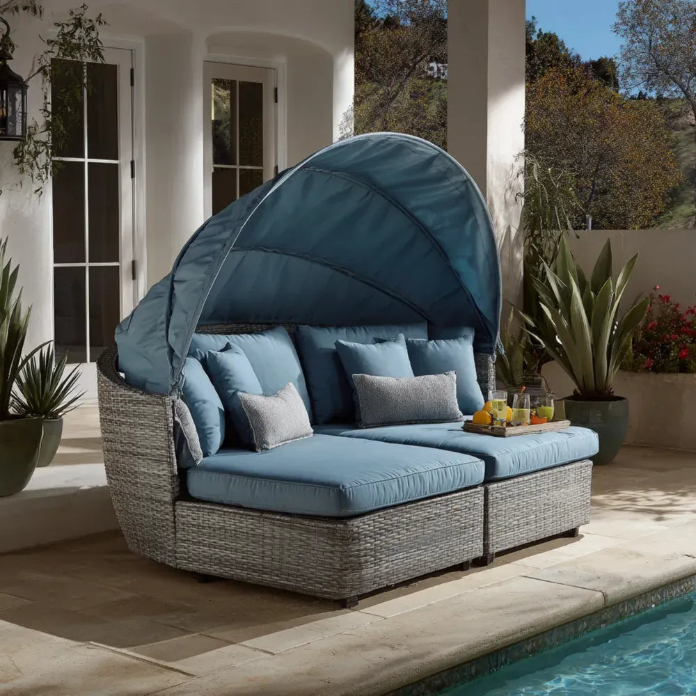 Outdoor Patio Wicker Recliner Sofa Set 180x120x80 cm with Blue Cushions – Modern Design